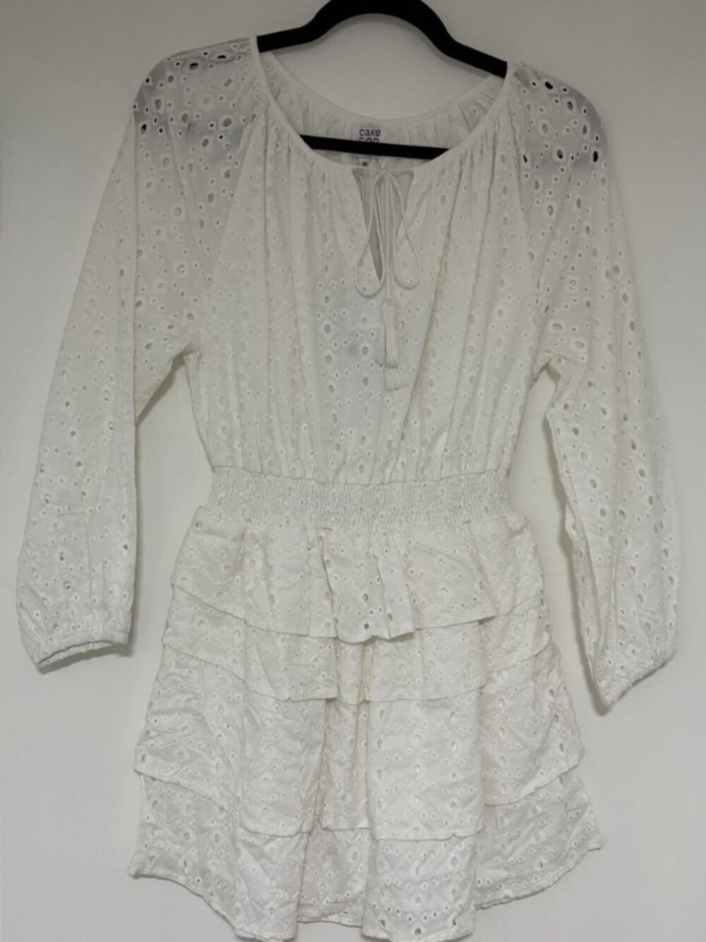 Cake For Dinner White Eyelet Long Sleeve Mini Ruffled Dress Size Medium NWT